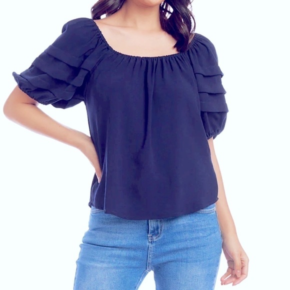 Karen Kane Navy Blue polyester pleated sleeve peasant blouse. Size Medium. NWT. - Picture 1 of 7